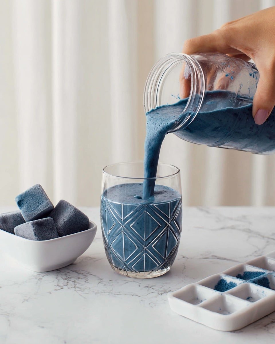 A glass with a geometric pattern is placed on a white marbled surface, filled halfway with a thick, frothy blue smoothie being poured from a clear jar held by a woman's hand at the top right. To the left, there is a white bowl filled with dark blue ice cubes showing a smooth, solid texture. On the right side of the frame, a white ice cube tray also contains dark blue ice cubes with a slightly rough surface. The background is a soft white curtain. photo taken with an iphone --ar 4:5 --v 7