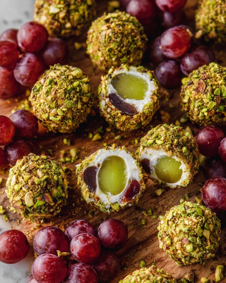 The image shows small round balls covered in crushed pistachios spread on a wooden surface with a white marbled texture background. Each ball has three layers: the inside is a whole grape, either green or dark purple; the middle layer is white, creamy cheese surrounding the grape; the outer layer is a rough texture of chopped green and brown pistachio nuts. Some balls are whole, and others are cut in half, revealing the grape and cheese layers inside. Around the balls, there are clusters of whole red grapes placed randomly. Photo taken with an iphone --ar 4:5 --v 7