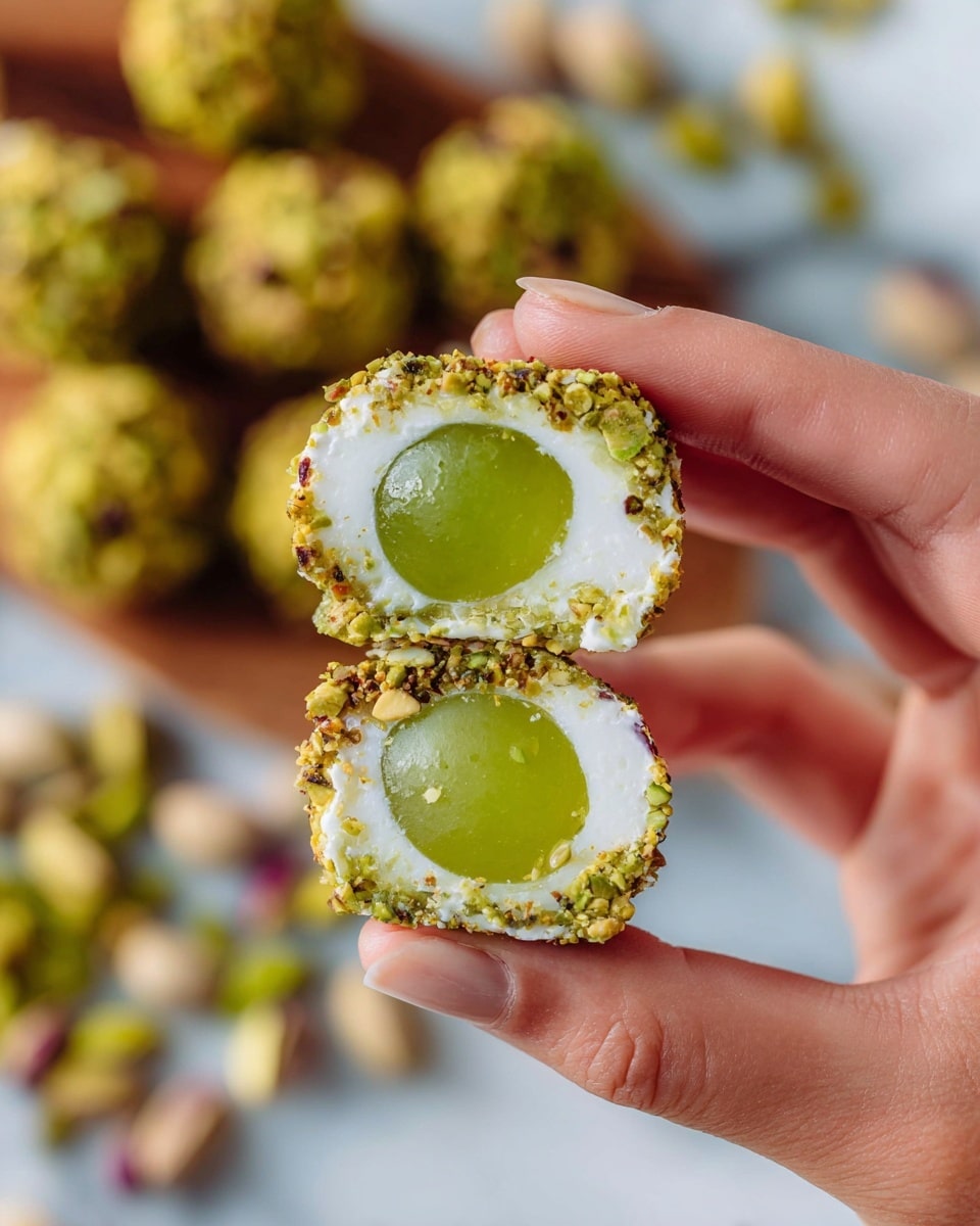 A close-up of a woman's hand holding a two-piece round snack cut in half, showing three clear layers: a central bright green grape, a thick white creamy layer surrounding the grape, and an outer rough coating of crushed pistachios in greenish-yellow tones. The background is a soft focus of similar snacks and chopped pistachios on a white marbled surface. photo taken with an iphone --ar 4:5 --v 7