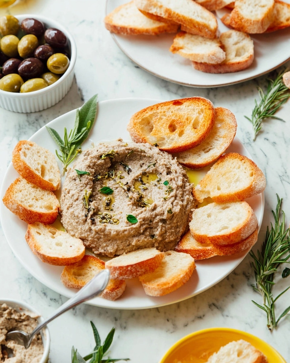The image shows a white plate piled with a beige, coarse-textured spread with a small pool of olive oil and a few green parsley leaves on top. Surrounding the spread are several slices of toasted golden-brown baguette pieces, some plain and some with the spread applied. Next to the plate, there is a small white bowl filled with green and dark purple olives. A sprig of green rosemary lies near the bread. The setting is on a white marbled surface with a pink cloth partially visible underneath, and a silver spoon rests on the edge of the plate. Photo taken with an iphone --ar 4:5 --v 7