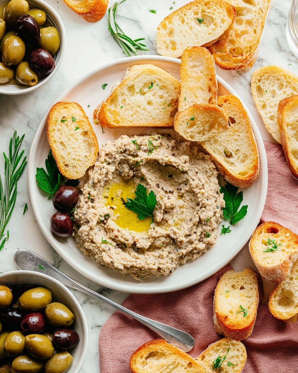A white plate is filled with a thick, grayish-brown spread with a slightly rough texture, topped with a drizzle of olive oil and small green herb leaves. Surrounding the spread are golden toasted bread slices with light brown edges and soft, airy centers, arranged in a semi-circle. Nearby, a white bowl holds mixed green and dark olives, and another white plate in the background contains more toasted bread and a small ramekin filled with the same spread, accompanied by a silver spoon. Fresh green herbs like rosemary and parsley are also placed on the white marbled surface. photo taken with an iphone --ar 4:5 --v 7