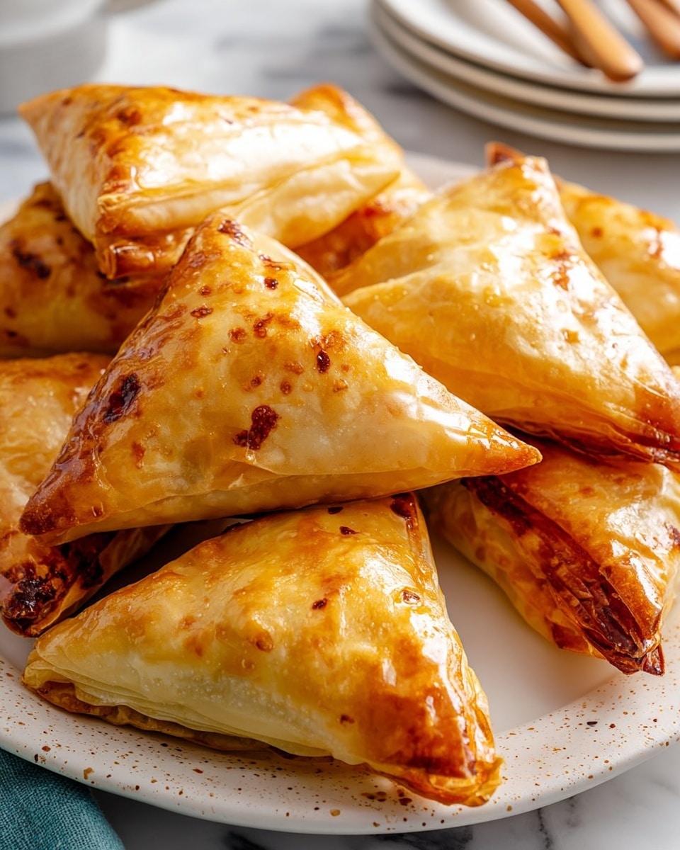 A close-up of a pile of golden-brown triangular pastries stacked on a white plate with light brown specks, placed on a white marbled surface. Each pastry has a crispy, flaky outer layer with shiny, slightly darker golden spots where it has been baked to a crisp. The triangles vary slightly in size and show some layered puff pastry texture on the edges, with a few small browned bits where the filling may have leaked out. In the background, there is a blurred stack of white plates with wooden cutlery on a white marbled surface. photo taken with an iphone --ar 4:5 --v 7
