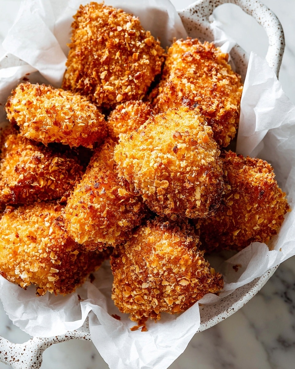 A close-up view of several golden brown, crunchy breaded chicken nuggets arranged in a pile on white crumpled parchment paper. Each nugget has a rough, crispy texture with small crispy crumbs sticking out, showing an uneven, coarse coating. The nuggets rest inside a white speckled pan with two handles, placed on a white marbled surface, emphasizing their warm, inviting color and crispy crust. photo taken with an iphone --ar 4:5 --v 7