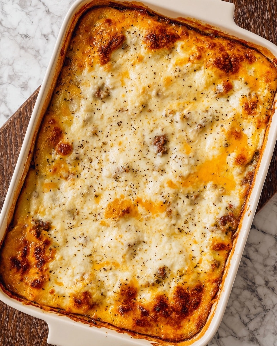 A rectangular white baking dish filled with a baked layered casserole is shown, with a golden-brown crust around the edges and a creamy white top layer that looks melted and slightly smooth, sprinkled with small black pepper specks. The layers below the top show patches of browned bits and yellow-orange melted cheese peeking through, adding to the textured surface. The casserole fills the dish completely, with slightly crispy edges. The dish is placed on a white marbled surface. photo taken with an iphone --ar 4:5 --v 7
