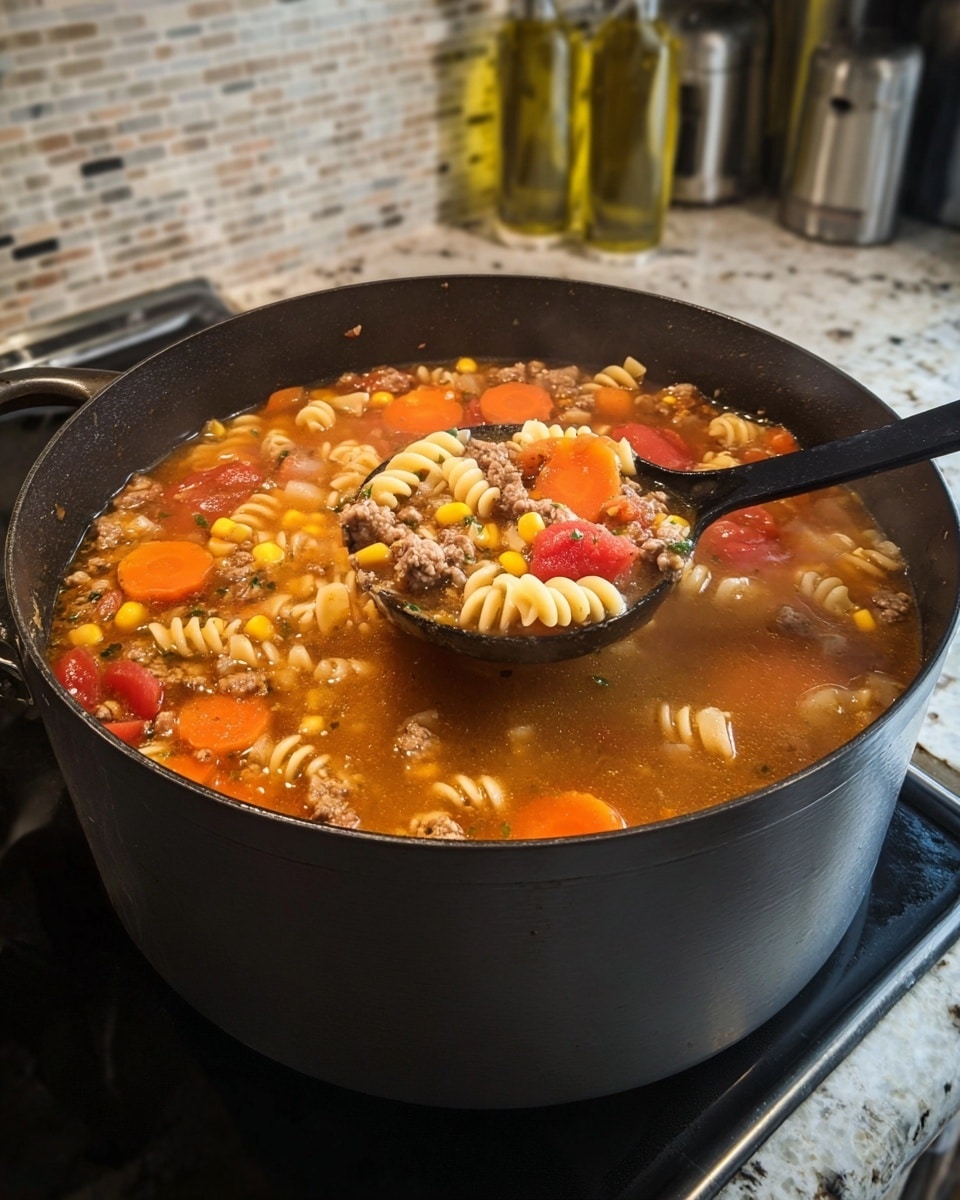 A large black pot filled with a colorful soup sits on a stove with a white marbled surface. The soup has several layers visible: at the bottom, there are light tan spiral noodles, above them are bright orange carrot slices, chunks of red tomatoes, yellow corn kernels, and pieces of browned ground meat evenly spread throughout. The broth is rich and clear with small flecks of herbs floating on top. A black ladle lifts a mix of noodles, carrots, corn, meat, and tomato chunks from the pot. The background shows a kitchen backsplash of small, light beige tiles with bottles of olive oil nearby. Photo taken with an iphone --ar 4:5 --v 7