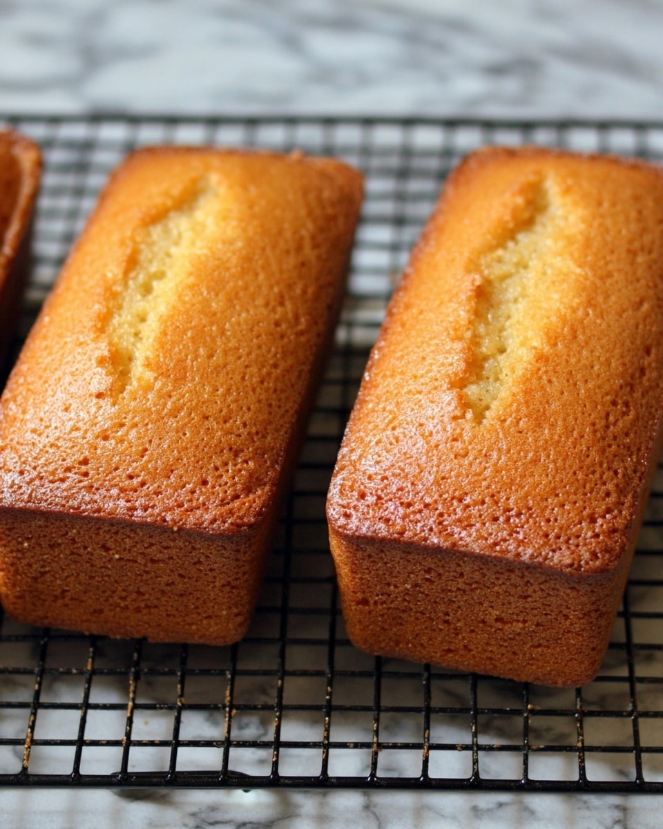 Two rectangular mini cakes with a golden brown top and a slightly cracked surface are shown cooling on a black wire rack. The cakes have a smooth, slightly domed texture in the center, and their edges are a darker brown, indicating a firm crust. Each cake has an even, warm color with small visible crumb details, resting closely side by side on the rack, set against a white marbled texture background. photo taken with an iphone --ar 4:5 --v 7