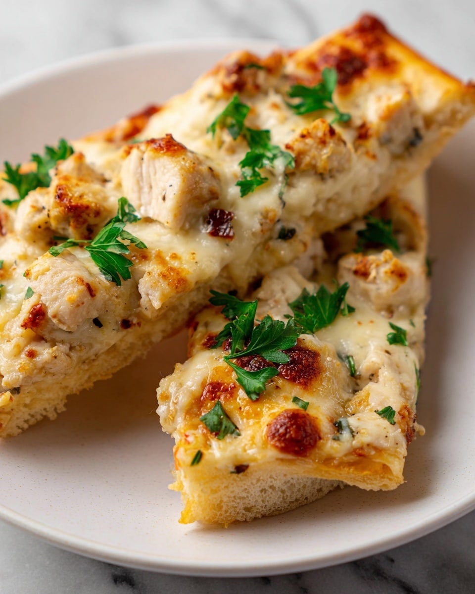 The image shows two slices of cheesy chicken pizza on a white plate over a white marbled surface. Each slice has a thick base with a golden-brown crispy crust visible at the edges. The topping includes a creamy white layer of melted cheese, with chunks of cooked chicken scattered on top. The cheese is slightly browned in some spots, showing a baked texture. Fresh green parsley leaves are sprinkled over the pizza slices, adding a pop of color and freshness. The focus is close-up, highlighting the texture of the melted cheese and tender chicken pieces. photo taken with an iphone --ar 4:5 --v 7