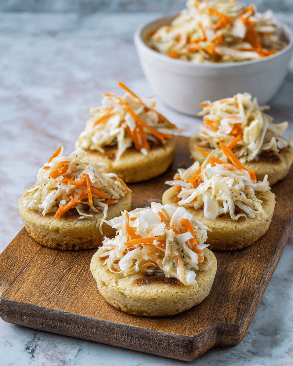 The image shows five small, round cakes with a light golden-brown color and some darker toasted spots, each topped with a mound of shredded cabbage and carrot slaw, arranged on a wooden board placed on a white marbled surface. The base layer is the slightly thick and soft looking cake, and the fresh topping is a mix of white cabbage strands and bright orange carrot strips, providing a fresh, crunchy texture contrast. In the background, there is a white bowl also filled with the same cabbage and carrot slaw. Photo taken with an iphone --ar 4:5 --v 7