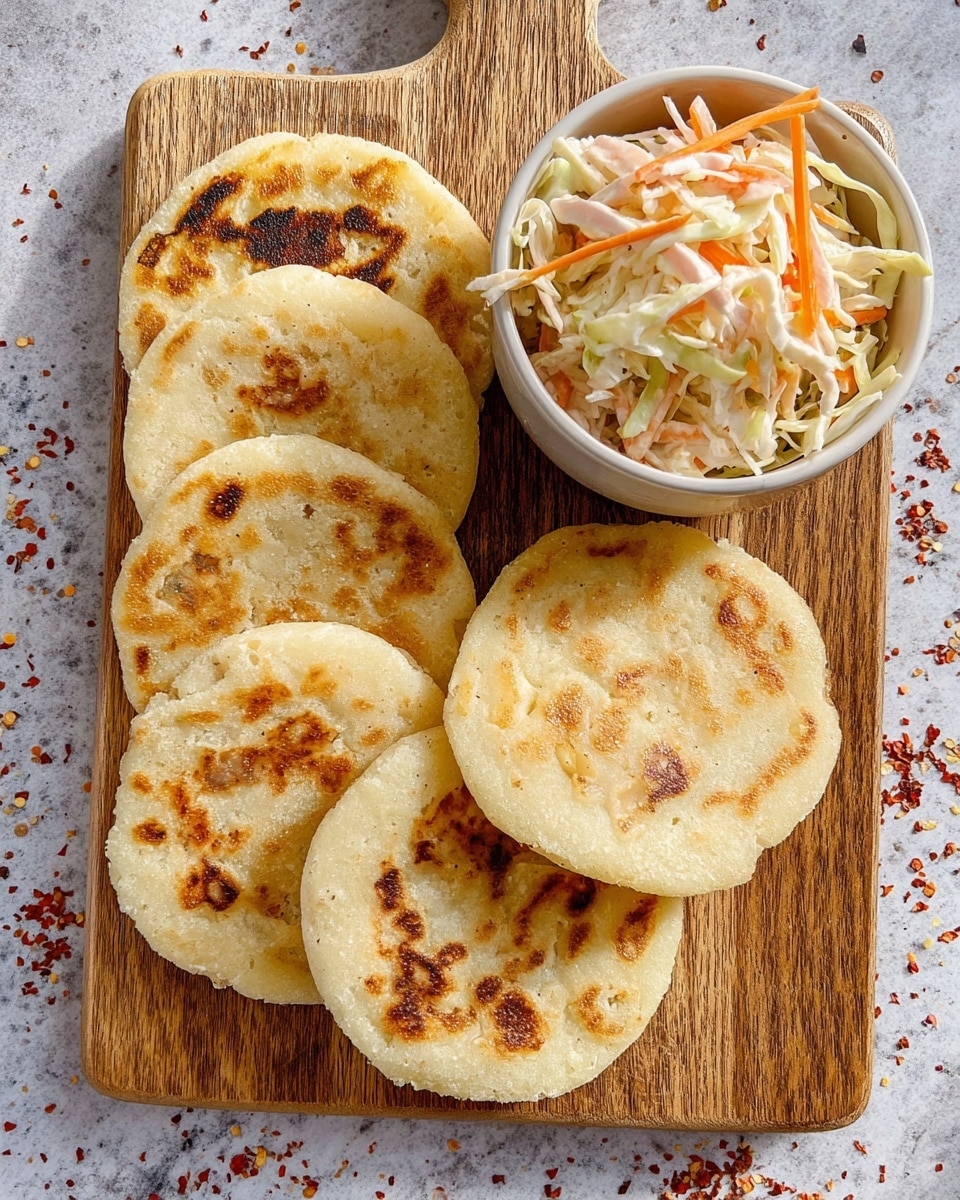 The image shows six round, flat arepas with a light beige color and golden brown toasted spots, arranged in two slightly overlapping rows on a wooden cutting board. To the upper right side of the cutting board, there is a white bowl filled with a mix of shredded cabbage and carrot salad, showing white, orange, and pale yellow thin strips. The cutting board rests on a white marbled texture with some scattered red chili flakes. photo taken with an iphone --ar 4:5 --v 7