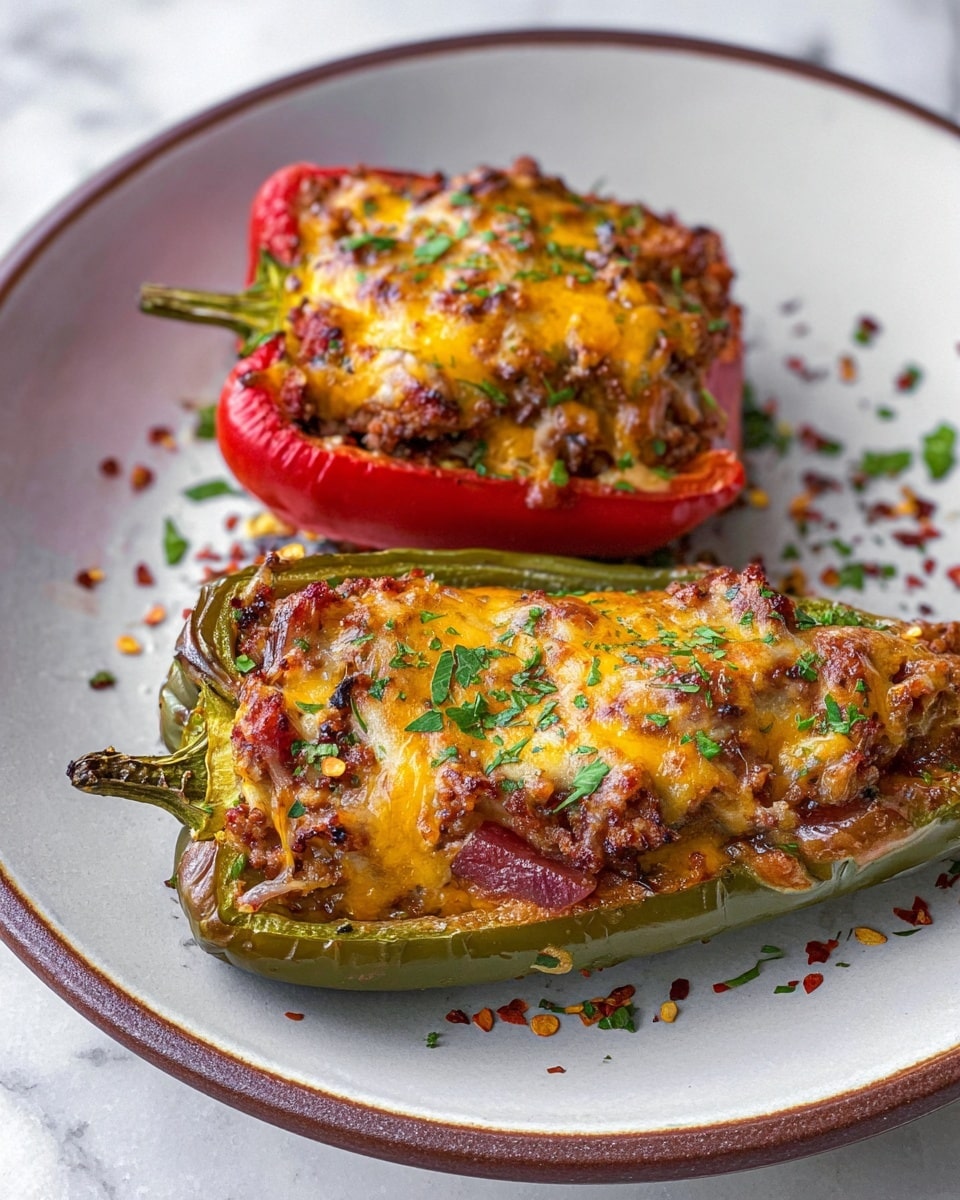 Two stuffed pepper halves lie side by side on a white plate with a brown rim. Each pepper is cut lengthwise, one red and one green, both filled with a layer of cooked ground meat mixed with small bits of other ingredients. On top of the meat mixture is a thick, bubbly layer of melted golden-brown cheese that has slightly crispy edges. The dish is sprinkled with finely chopped green herbs and red chili flakes scattered around the plate. The plate is set on a white marbled surface. photo taken with an iphone --ar 4:5 --v 7