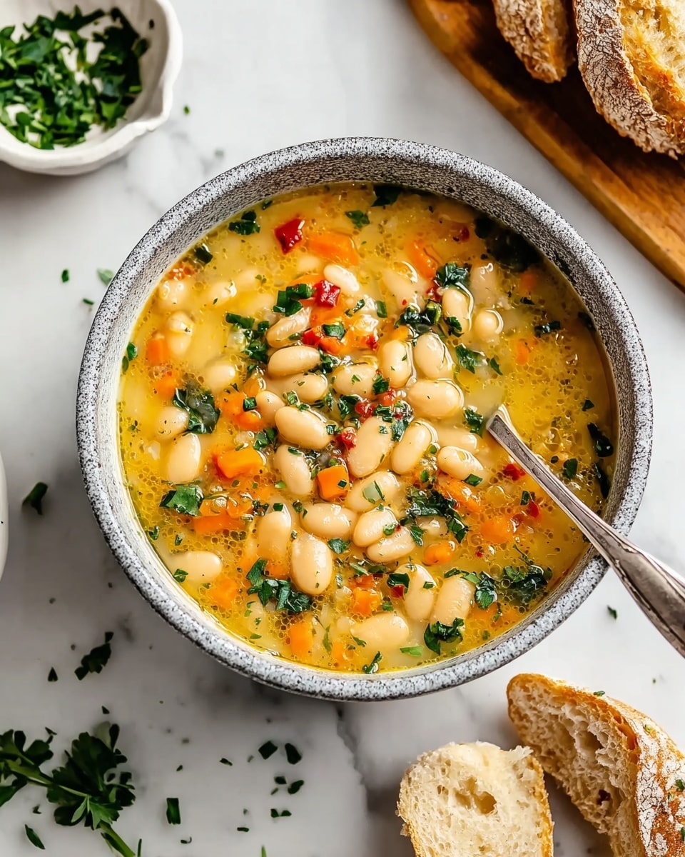 A bowl of white bean soup filled to the top with creamy yellow broth mixed with whole white beans and small pieces of orange carrots, red peppers, and chopped green herbs scattered throughout. The bowl is speckled gray and sits on a white marbled surface. A silver spoon rests inside the bowl, leaning on the rim. A small white dish filled with green herbs is placed near the bowl, and a stack of sliced bread is partially visible on a wooden board to the side. Some loose green herbs are sprinkled around the bowl for decoration. Photo taken with an iphone --ar 4:5 --v 7