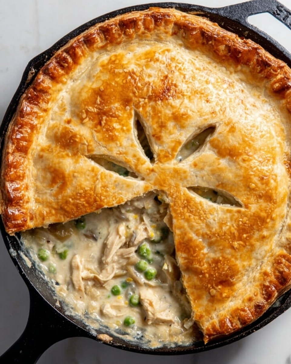 A round skillet holds a golden brown pot pie with a flaky top crust that has five teardrop-shaped slits in the center, showing hints of green peas underneath. The crust edges are slightly puffed and crisp, and a slice has been removed from the left side, revealing a creamy filling with white chunks of chicken and bright green peas mixed in a smooth, pale sauce. The skillet sits on a white marbled surface. photo taken with an iphone --ar 4:5 --v 7