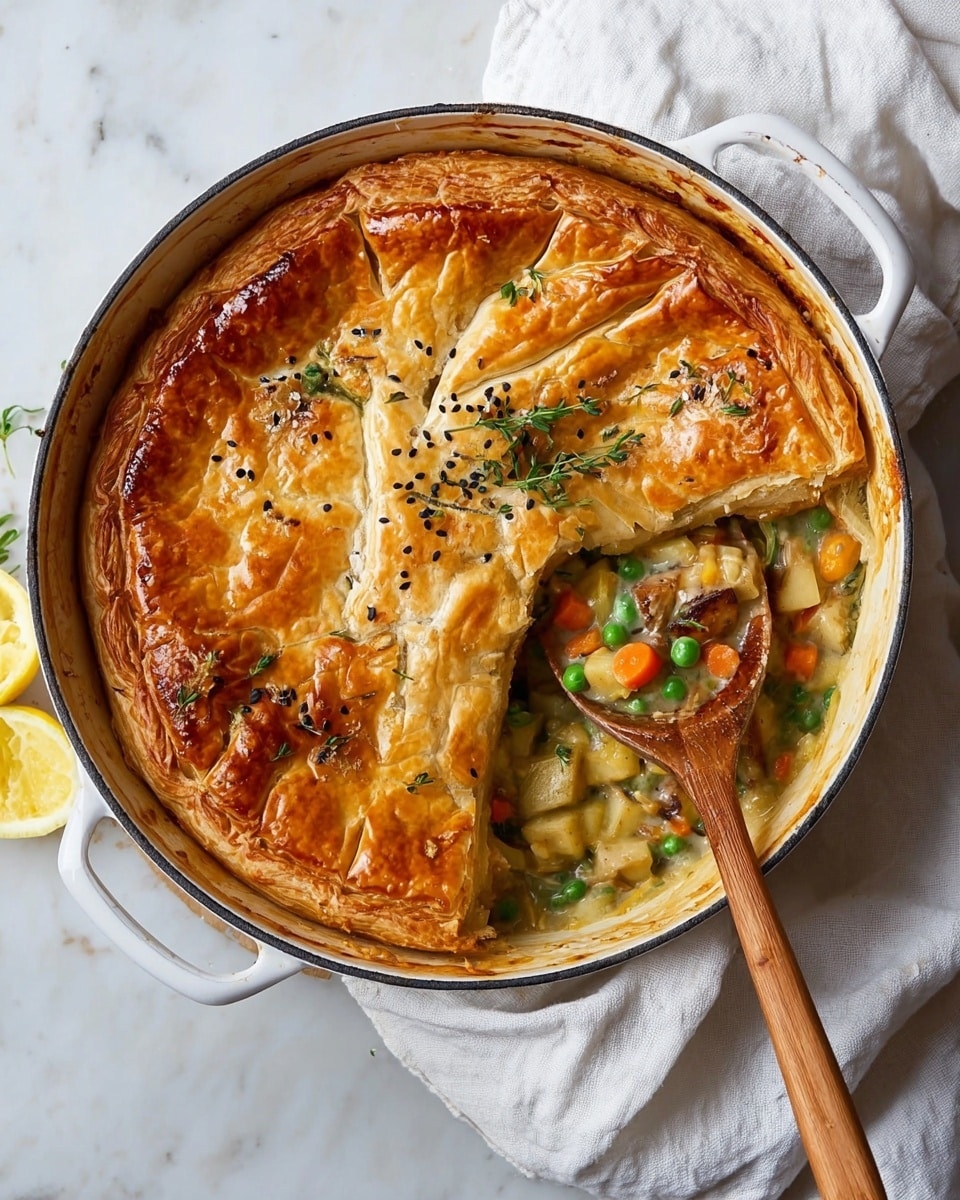 A white pot contains a golden-brown pie with a shiny, flaky crust decorated with small seeds and fresh herbs on top. One side of the crust is cut away, showing a thick filling of mixed vegetables including green peas, orange carrots, light brown potatoes, and green beans, all mixed in a creamy sauce. A wooden spoon inside the pot lifts a portion of the vegetable filling and flaky crust. The pot is set on a white marbled surface with a white cloth and a lemon slice nearby. Photo taken with an iphone --ar 4:5 --v 7