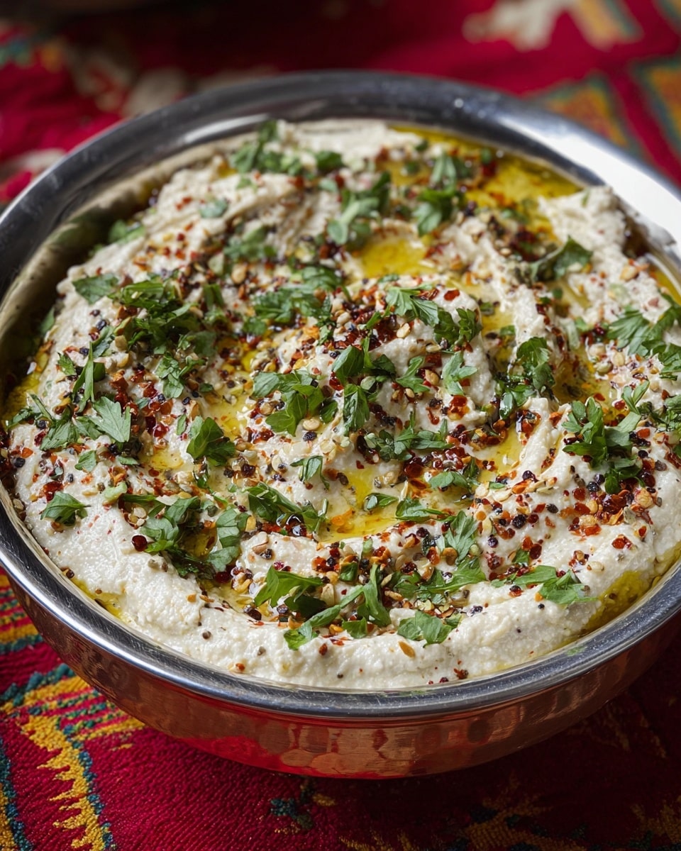 A large silver-edged copper bowl filled with a thick, creamy off-white dip that has a slightly grainy texture. The dip is topped with a shiny layer of golden olive oil pooling around the edges, sprinkled with crushed red pepper flakes, small bits of herbs, and coarse salt. Fresh green parsley leaves are scattered generously on top, adding a vibrant pop of color, and the bowl is placed on a red patterned cloth. photo taken with an iphone --ar 4:5 --v 7