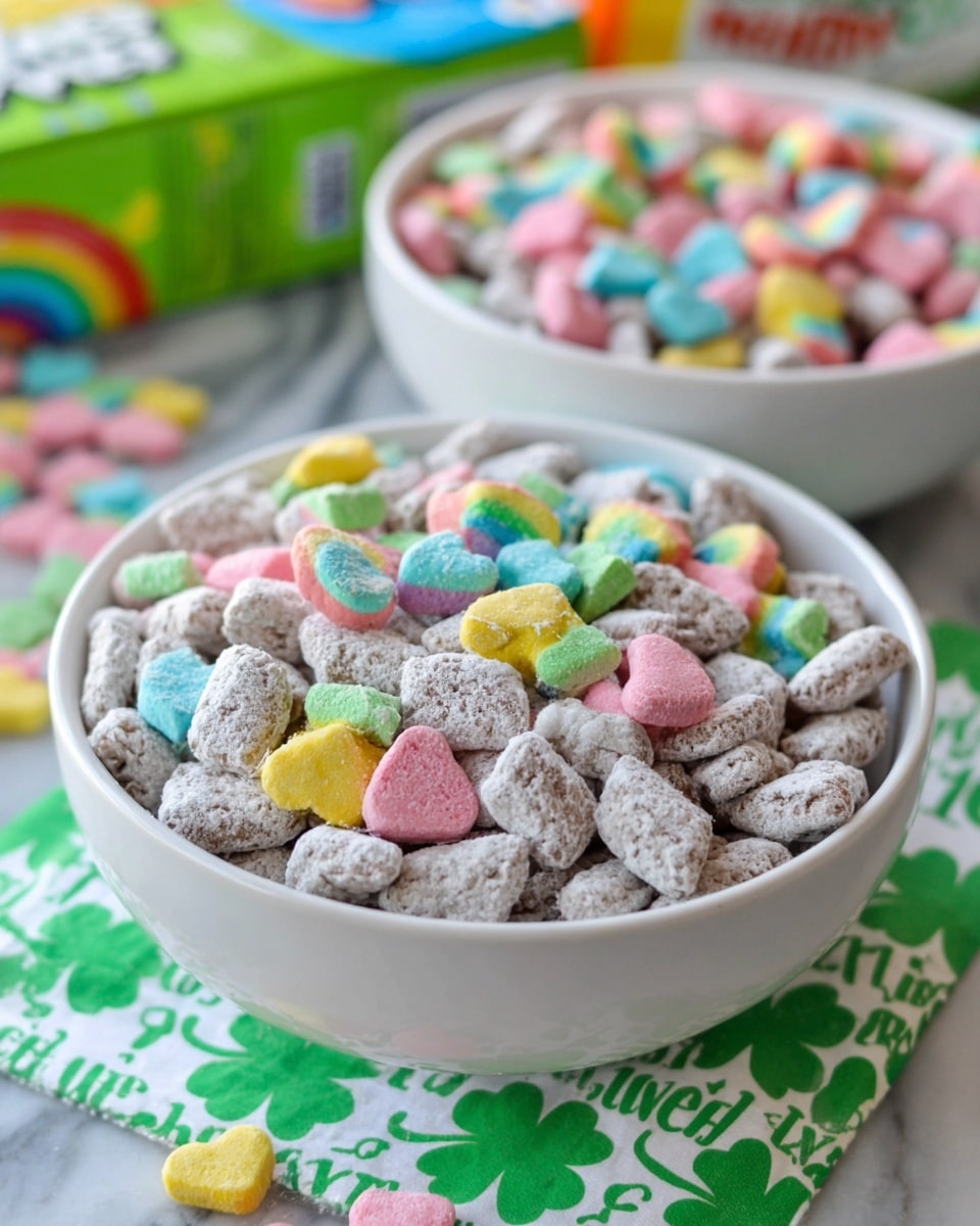A close-up image of a cereal bowl filled with two main layers: the bottom layer is a mix of small, pillow-shaped pieces coated in powdered sugar, which are light gray with a rough texture, while the top layer has colorful marshmallow pieces in bright shapes such as rainbows, hearts, and stars scattered evenly over the cereal. The bowl is round and white, and it sits on a white marbled surface with a green and white cloth underneath that has clover and text prints. In the background, another bowl filled only with the powdered cereal pieces is visible, along with a blurred colorful cereal box. Photo taken with an iphone --ar 4:5 --v 7