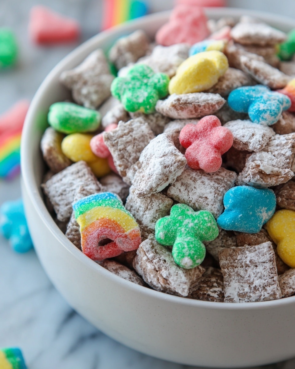A close-up of a bowl filled with a layered snack mix, where the base layer consists of grayish-brown square pieces coated with white powdered sugar, giving a rough and textured look. Scattered throughout are colorful marshmallow shapes in bright shades of red, yellow, green, blue, and pink, including the iconic rainbow shapes, clover shapes, and cloud-like forms, adding bright pops of color and soft, puffy textures on top of the powdered snack pieces. The bowl is white with a smooth surface, set on a white marbled texture background, and the focus highlights the contrast between the soft marshmallows and the crunchy coated layers. Photo taken with an iphone --ar 4:5 --v 7