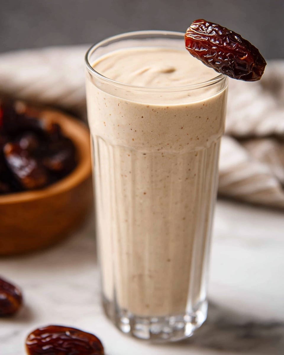 A tall clear glass filled with a thick, creamy, light beige smoothie that has small specks visible throughout, smooth in texture, topped evenly to the brim. A single dark brown, wrinkled date is placed hanging on the rim of the glass on the right side. The glass stands on a white marbled surface, with blurry dark brown dates scattered around and a wooden bowl filled with similar dates in the blurred background. photo taken with an iphone --ar 4:5 --v 7