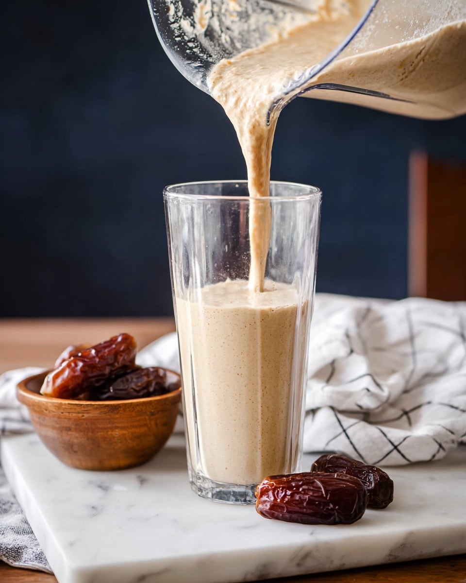 A tall clear glass is being filled with a thick, creamy beige smoothie that has a slightly frothy texture on top, poured from a clear blender container held above it. The glass is placed on a white marbled surface next to a small wooden bowl filled with dark brown dates, with two dates lying beside the glass. A white and black checkered cloth is partially visible under the bowl, and the background is softly blurred with dark blue and black tones. Photo taken with an iphone --ar 4:5 --v 7