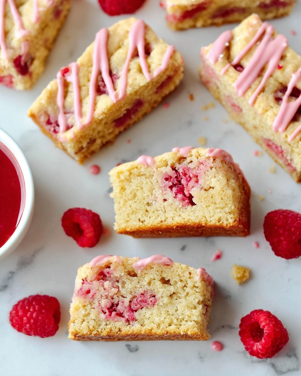 The image shows several pieces of a light golden-brown baked bar with visible red raspberries mixed inside. The bars have a soft, crumbly texture and are topped with thin pink drizzle. The pieces are arranged on a white marbled surface, with a few whole raspberries scattered around. One piece is cut to show two layers inside: the dense crumbly base with embedded raspberries and the pink glaze on the top layer. A white bowl with a red sauce is partly visible on the left side. Photo taken with an iphone --ar 4:5 --v 7