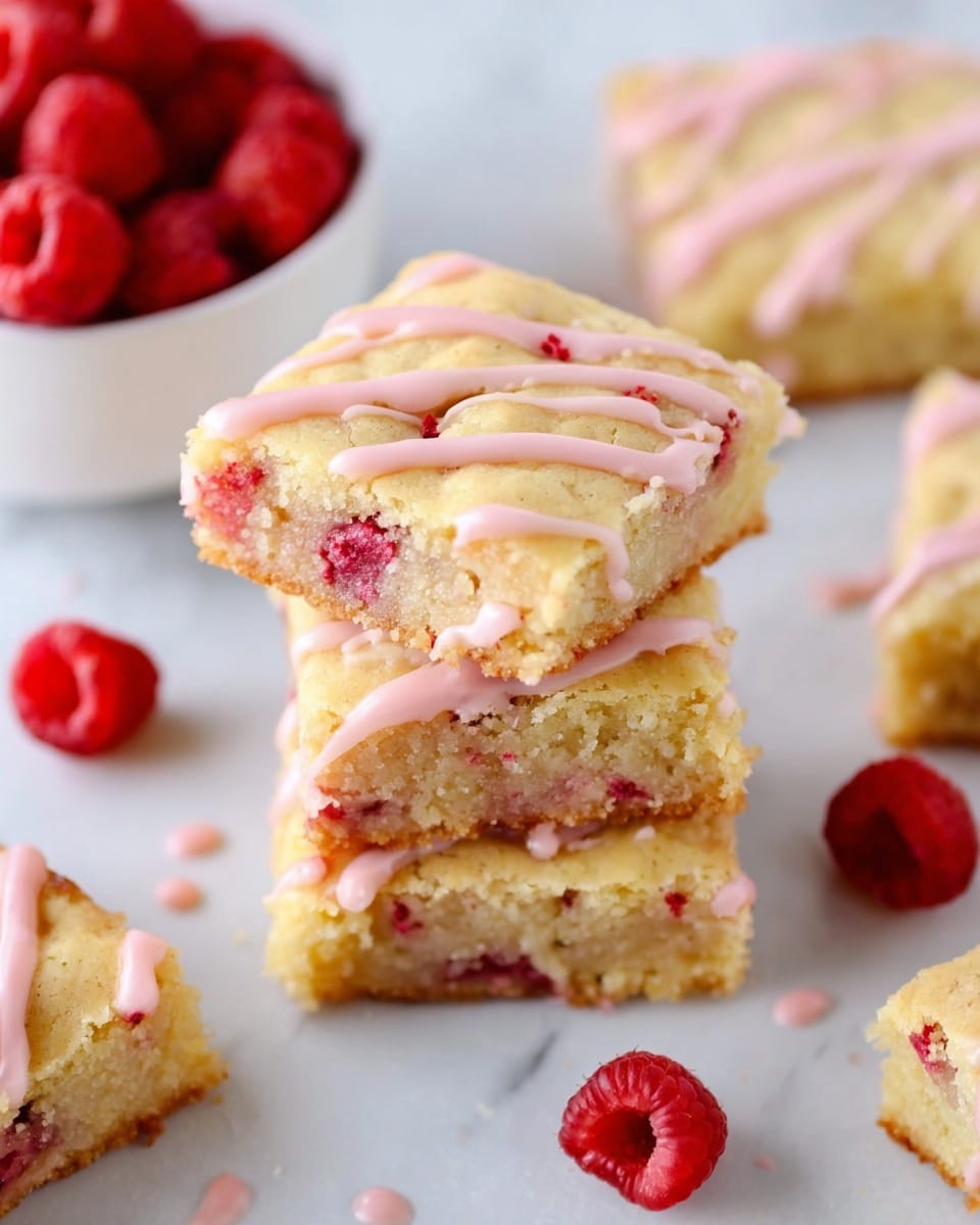 The image shows square-shaped light golden blondies stacked in layers, with a soft and slightly crumbly texture. These blondies contain embedded bright red raspberry pieces visible through the dough, adding texture and color contrast. The top layer is drizzled with a thin, smooth, pastel pink glaze that has small red specks, flowing diagonally across the blondies. They are placed directly on a white marbled surface, with scattered whole raspberries around for decoration. In the background, a white bowl filled with more raspberries can be partially seen. photo taken with an iphone --ar 4:5 --v 7