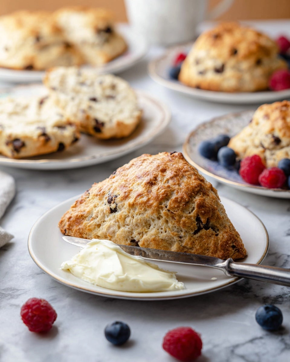 A close-up view of a triangular, golden-brown scone with a crumbly texture sits on a white plate in the foreground, accompanied by a butter knife resting on the plate, spreading a layer of creamy white butter. In the background, there are several slices of scones with visible chocolate chips, placed on white plates with delicate borders, surrounded by scattered fresh blueberries and raspberries on a white marbled texture. The scene gives a warm, inviting feeling of freshly baked treats ready to be enjoyed. photo taken with an iphone --ar 4:5 --v 7