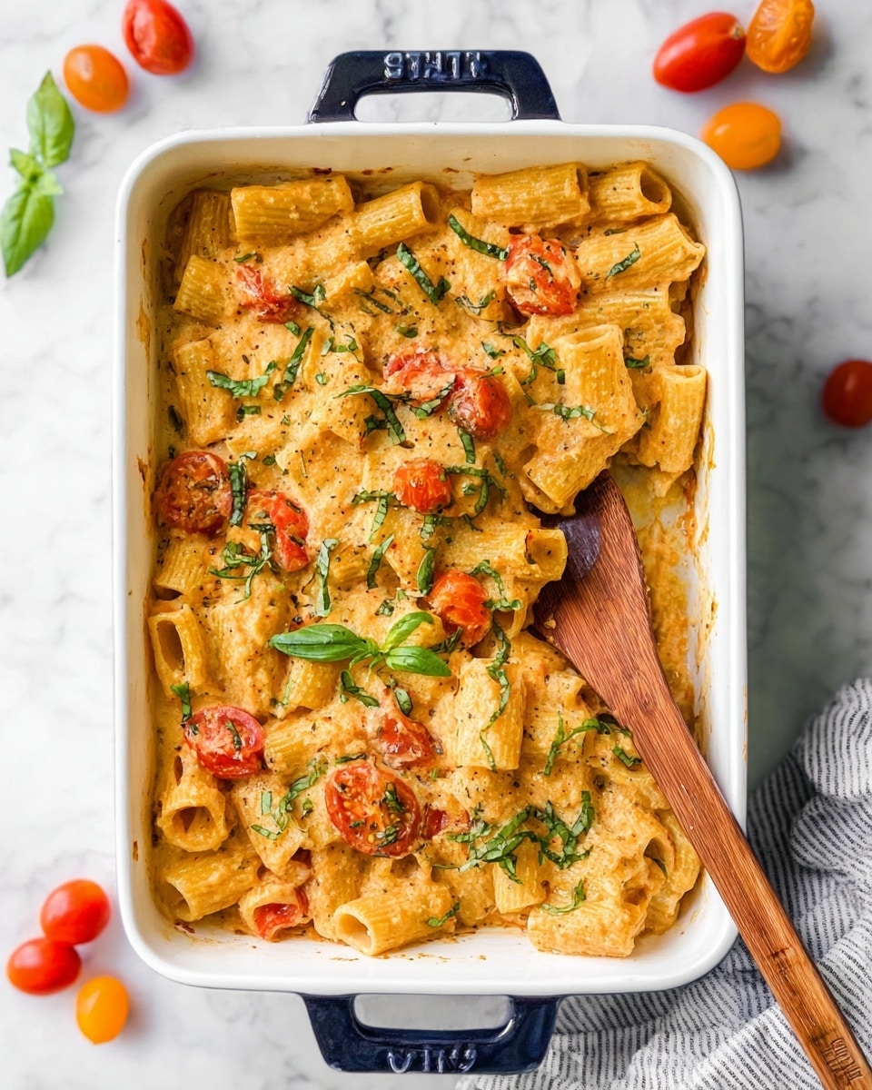 The dish is a baked pasta casserole in a white rectangular ceramic dish with a dark blue handle. The top layer consists of large tube-shaped pasta pieces coated in a creamy, light orange sauce with visible herbs and small chopped bright red and orange tomatoes mixed throughout. There are scattered fresh green basil leaves adding a pop of color on top. A wooden spoon with a natural grain pattern is placed inside the dish, resting on the pasta. The dish sits on a white marbled surface with some small red and orange tomatoes placed around it and a striped cloth partially visible under one corner. Photo taken with an iphone --ar 4:5 --v 7