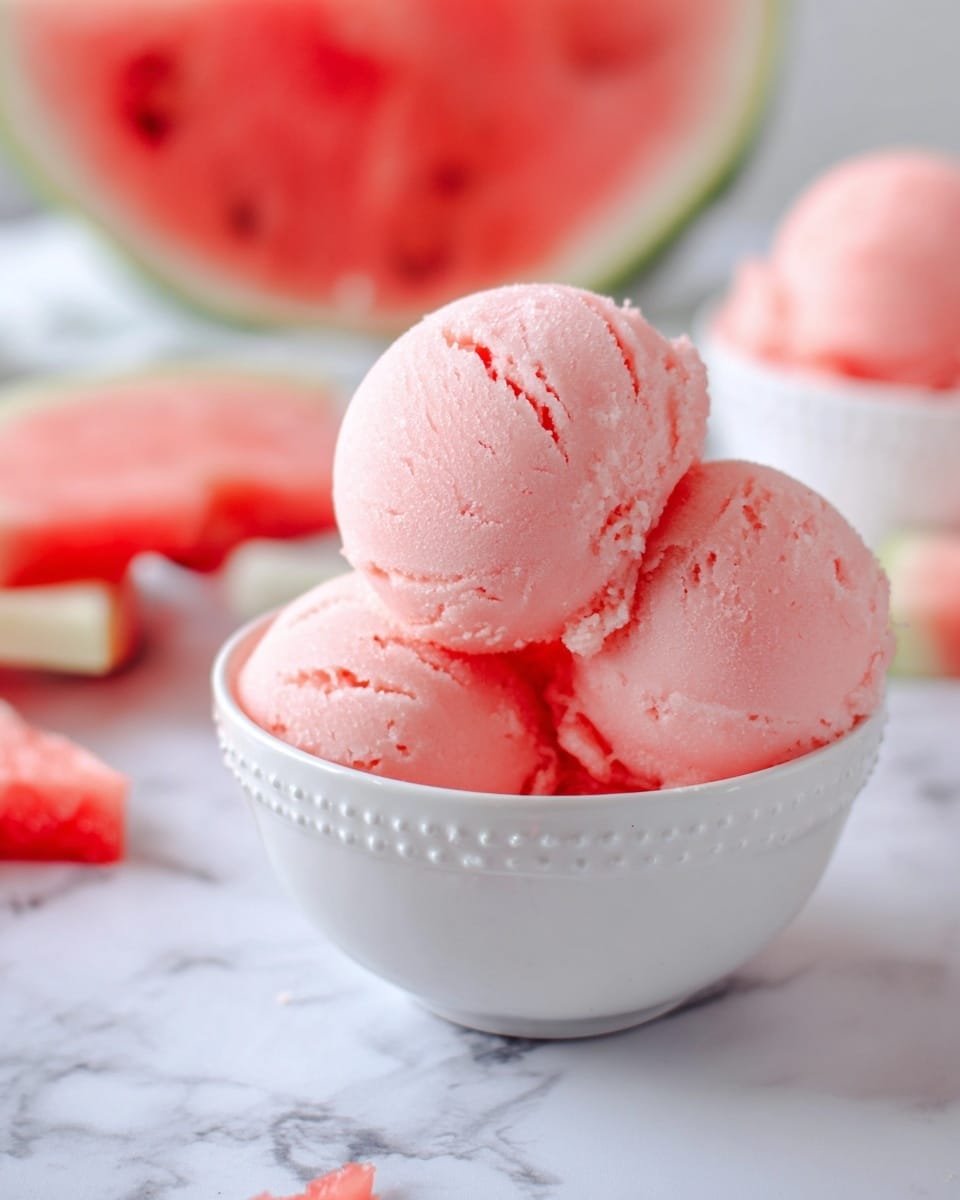 The image shows three smooth, round scoops of light pink sorbet stacked in a white bowl with a dotted rim. The sorbet has a soft, slightly icy texture with small ridges and creases where the scoops meet. Behind the bowl, there is a blurred slice of watermelon with visible seeds and a pale green rind. Pieces of watermelon are scattered on a white marbled surface around the bowl. The overall feel is fresh and summery with soft pastel colors. Photo taken with an iphone --ar 4:5 --v 7