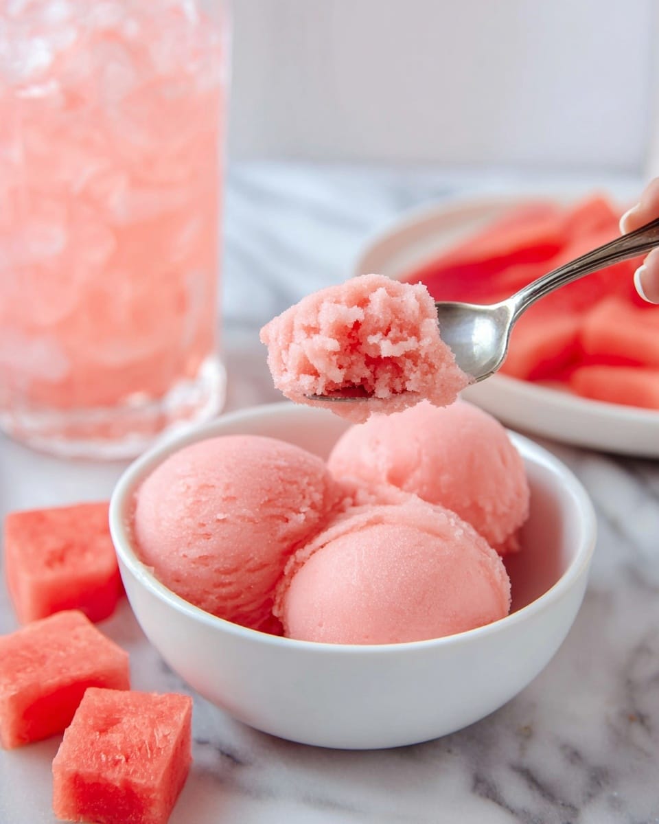 The image shows a white bowl filled with three smooth, round scoops of pale pink sorbet. A silver spoon, held by a woman's hand, is lifting a small, slightly crumbly spoonful of the same pink sorbet from the bowl. Surrounding the bowl are small chunks of fresh watermelon with bright pink flesh and some seeds visible. In the background, there is a clear glass cup filled with crushed ice and pink liquid. The entire scene is set on a white marbled surface. photo taken with an iphone --ar 4:5 --v 7
