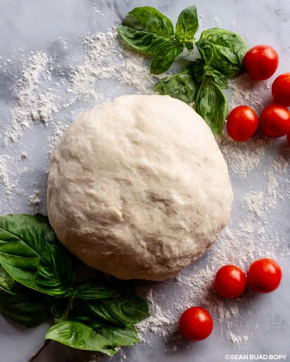 A smooth, round ball of pale dough sits in the center of the image, slightly puffy and soft in texture. Surrounding the dough are fresh, bright green basil leaves with detailed veins, and a cluster of small, shiny red grape tomatoes to the right side. The dough and ingredients are placed on a white marbled texture that also has a light dusting of white flour. The composition is simple, fresh, and clean. photo taken with an iphone --ar 4:5 --v 7
