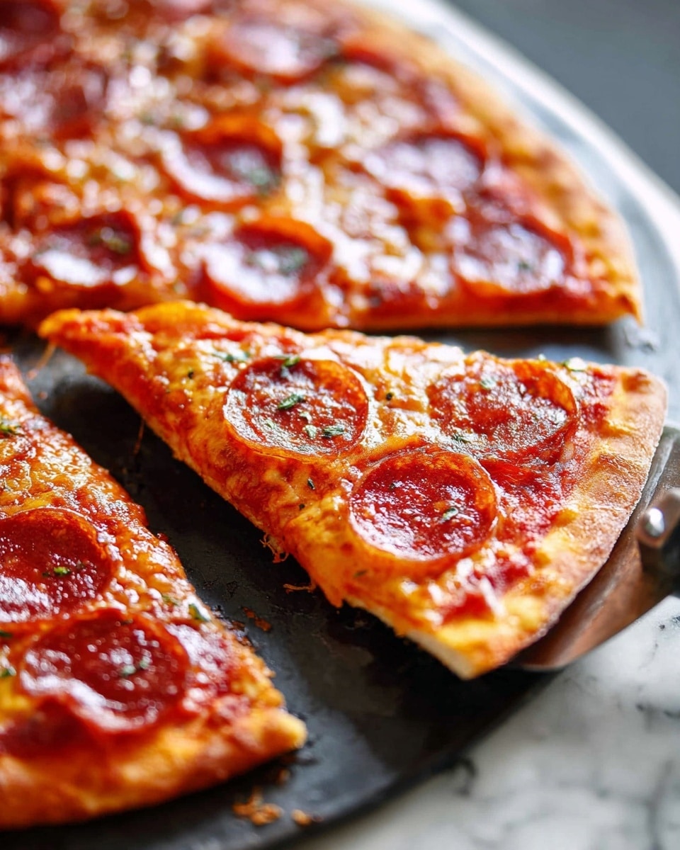 A close-up of a thin pepperoni pizza slice being lifted from a round pizza tray on a white marbled surface. The pizza has three clear layers: a thin, lightly browned crust at the bottom, a smooth, vibrant red tomato sauce in the middle, and a shiny, melted golden cheese layer on top dotted with round, slightly curled dark red pepperoni slices and sprinkled with green herbs. The pizza tray is dark with cut slices visible in the background, showing a glistening, oily texture on the surface of the pizza. Photo taken with an iphone --ar 4:5 --v 7