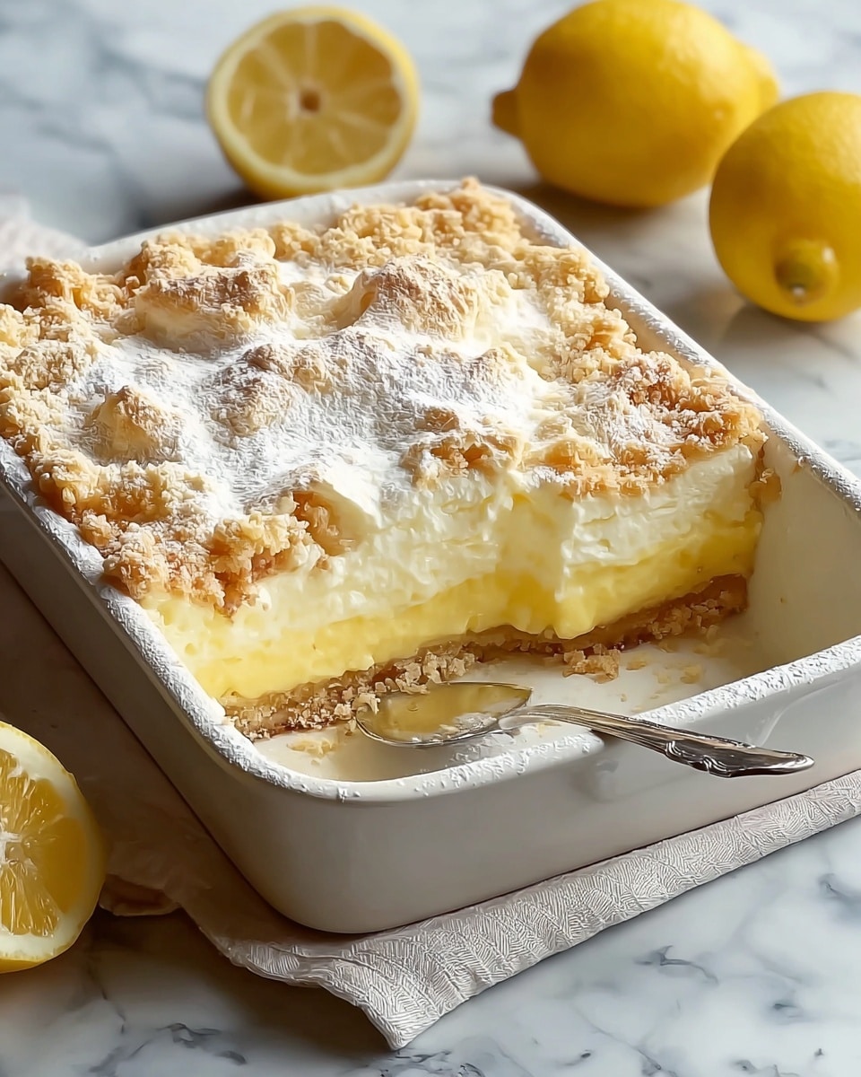 A rectangular white baking dish holds a lemon dessert with three visible layers: a golden-brown crumbly crust on the bottom and edges, a thick creamy pale yellow filling in the middle, and a crumbly golden top layer unevenly spread with soft peaks, dusted with white powdered sugar. The dish is set on a white marbled surface with a silver spoon at the front edge slightly embedded in the dessert, and three yellow lemons in the background, two whole and one cut in half. A light beige cloth is partly underneath the dish. Photo taken with an iphone --ar 4:5 --v 7