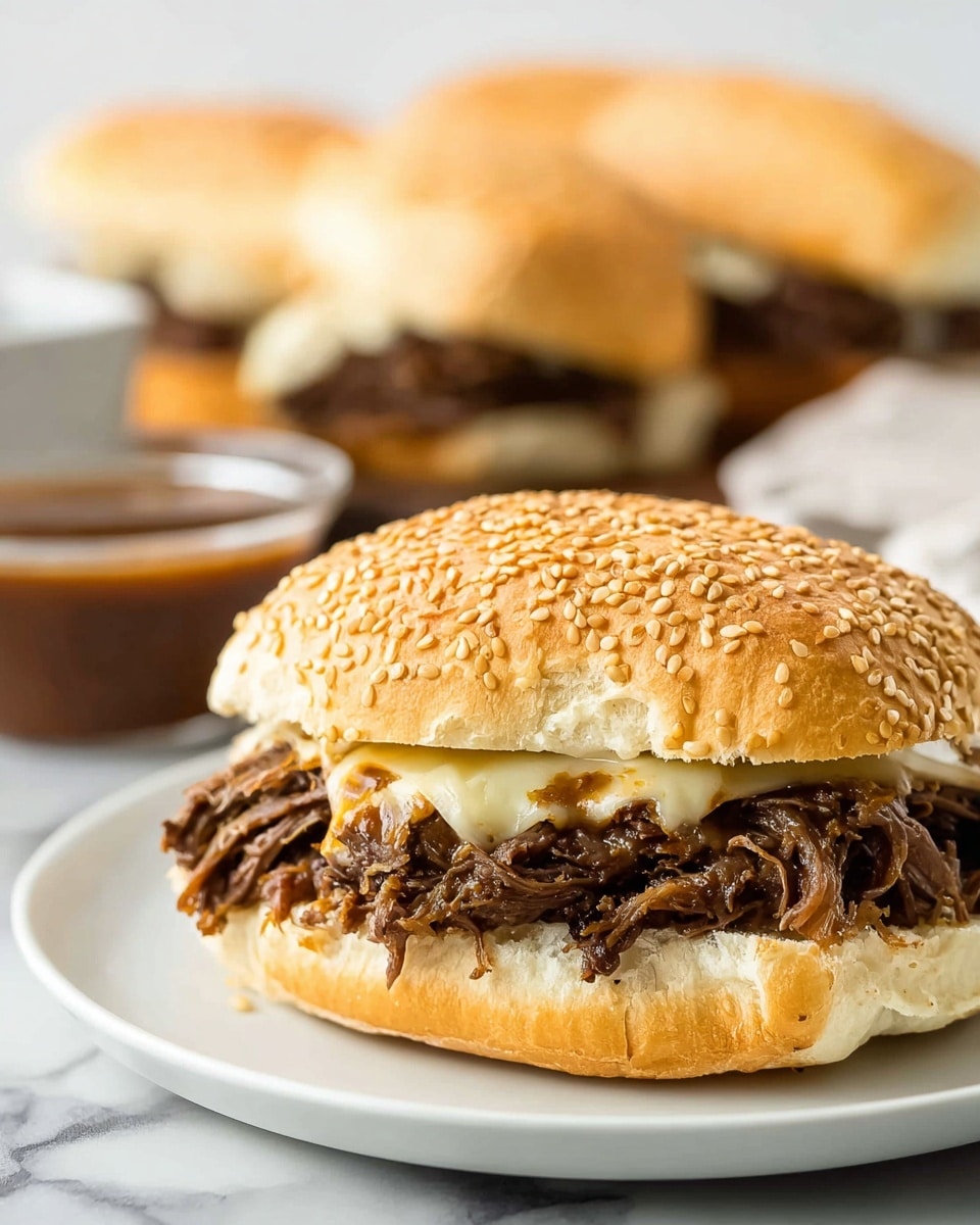 A sandwich with three layers: the top layer is a sesame seed-topped golden-brown bun with a soft texture; the middle layer is melted light beige cheese, partially covering the filling; the bottom layer is shredded dark brown beef piled inside the bun, all placed on a white plate with a white marbled surface underneath. In the background, blurred sandwiches are visible along with a small glass bowl of brown sauce. Photo taken with an iphone --ar 4:5 --v 7