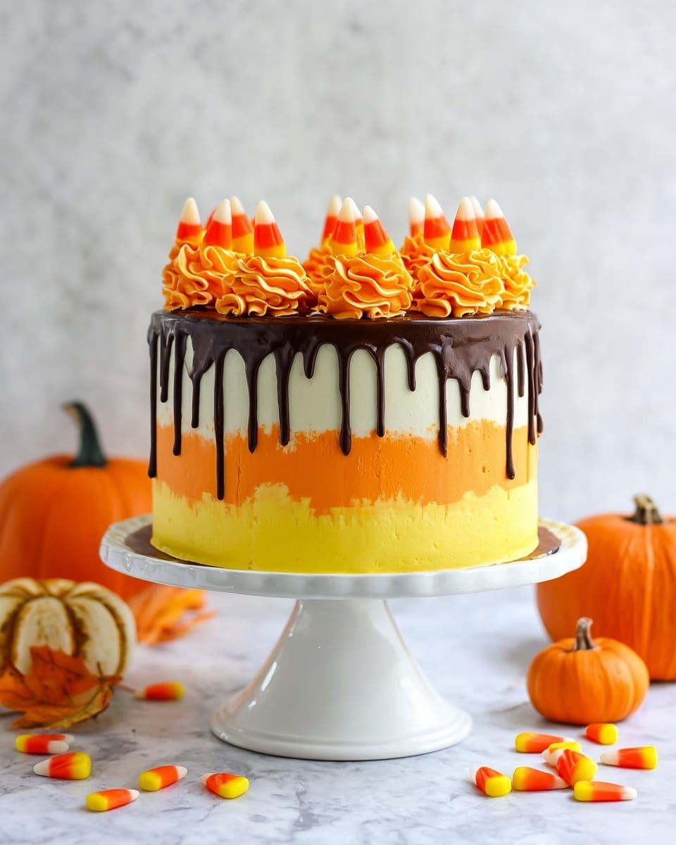 The cake has three layers of smooth frosting in yellow and orange shades from bottom to top, creating a gradient effect. On top, there is a white layer with dark brown chocolate drips running down the sides. Around the top edge, there are bright orange swirls of frosting topped with candy corn pieces. The cake sits on a white scalloped cake stand on a white marbled surface, surrounded by small orange pumpkins and scattered candy corn. photo taken with an iphone --ar 4:5 --v 7