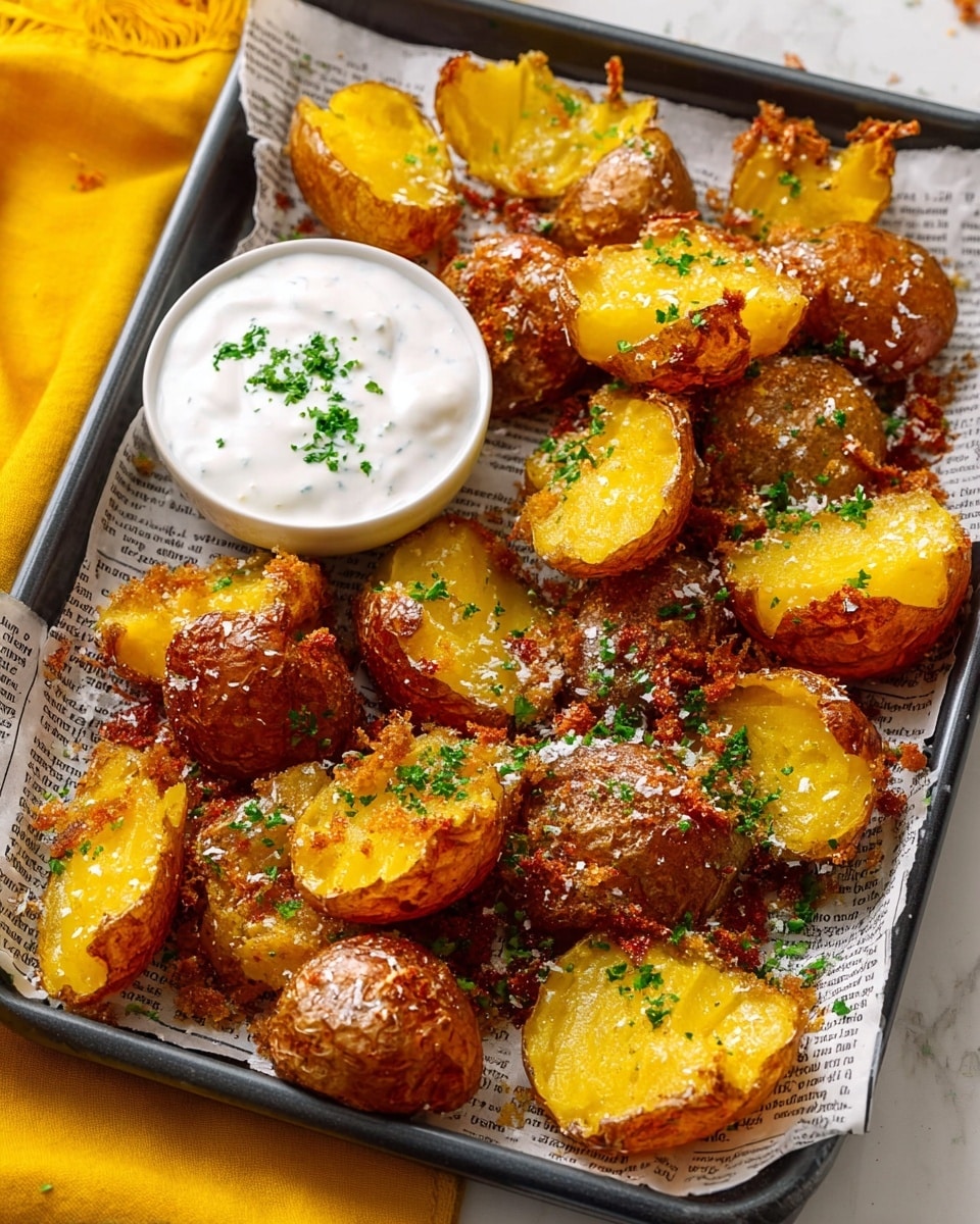 The image shows a tray lined with newspaper holding a group of crispy smashed golden potatoes. Each potato is halved with the shiny yellow top side smooth, while the bottom is dark brown and crunchy with uneven rough edges. Small green parsley pieces are sprinkled on top along with coarse salt. In one corner of the tray, there is a small white bowl filled with thick white dipping sauce garnished with tiny green herb bits. The tray sits on a white marbled surface with a bright yellow cloth partially visible nearby. Photo taken with an iphone --ar 4:5 --v 7