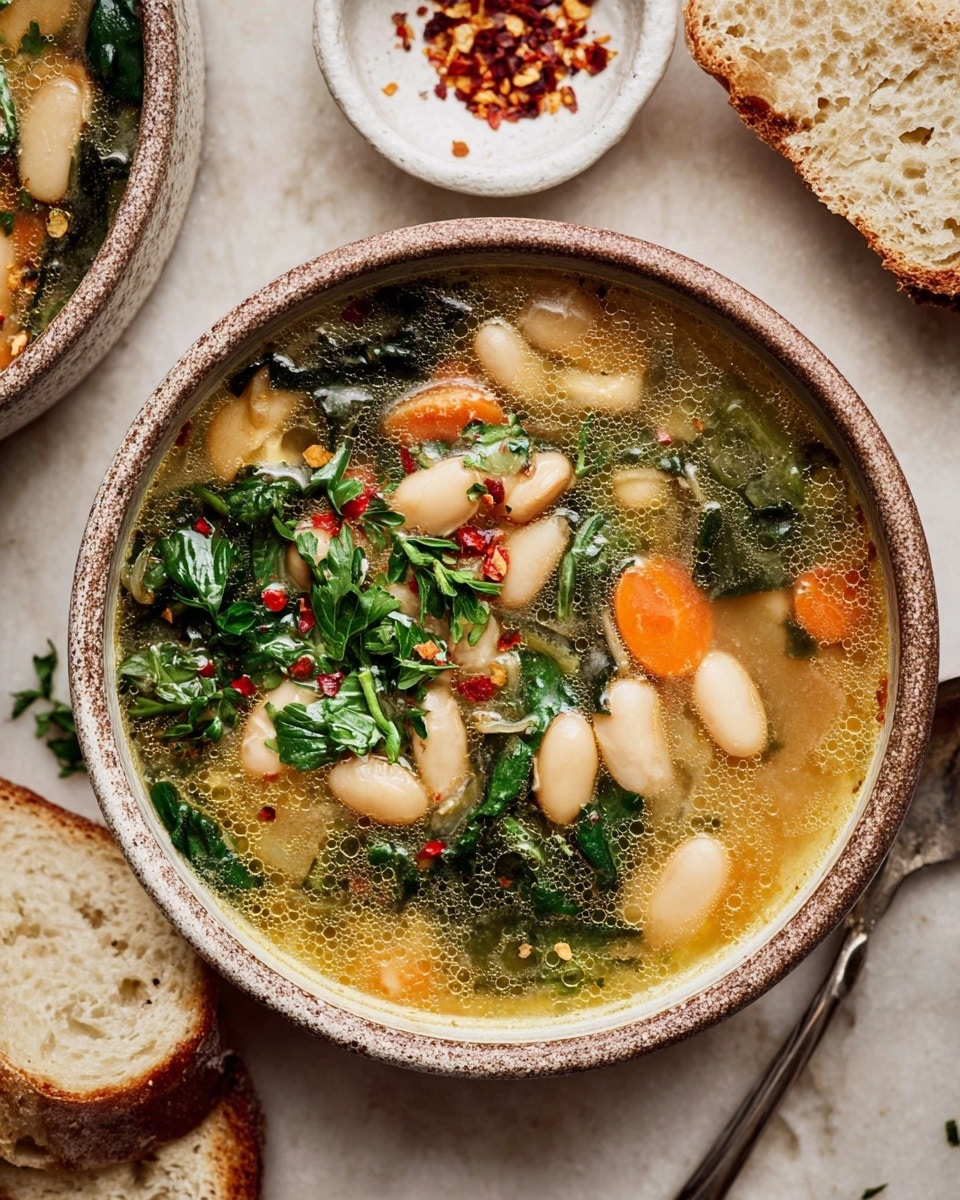 A rustic bowl filled with a vegetable bean soup showing three main layers: at the base, a clear, golden broth with small oil bubbles, above it, white oval beans scattered throughout, and layered with fresh bright green spinach leaves and chopped parsley on top. Small orange carrot slices and red chili flakes are visible mixed in. The bowl sits on a white marbled textured background, beside two slices of crusty white bread and a white small dish holding extra red chili flakes. A silver spoon is partly visible next to the bowl. Photo taken with an iphone --ar 4:5 --v 7